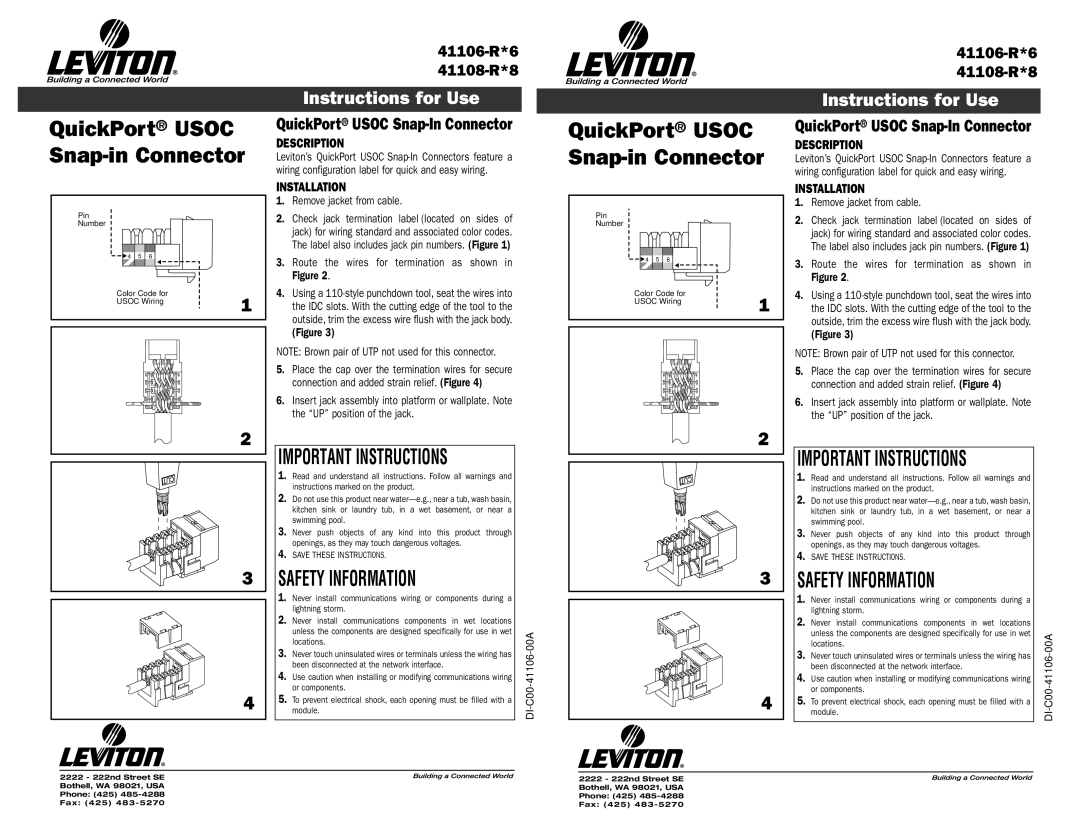 HomeTech 41108-R*8, 41106-R*6 manual QuickPort Usoc Snap-in Connector, Instructions for Use, Important Instructions 