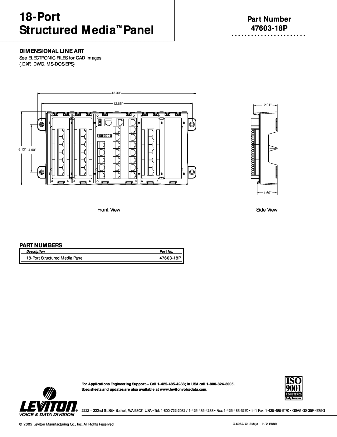 HomeTech Part Number 47603-18P, Dimensional Line Art, Part Numbers, Port Structured Media Panel, 6..13213” 44.0.00” 