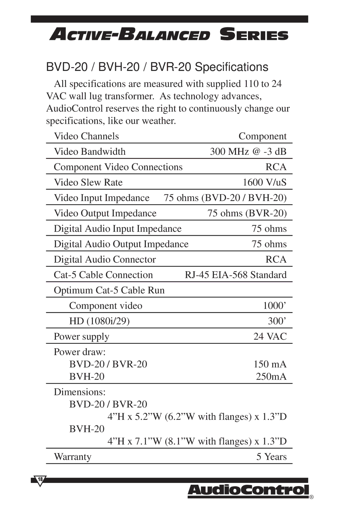 HomeTech operation manual BVD-20 / BVH-20 / BVR-20 Specifications, Rca 