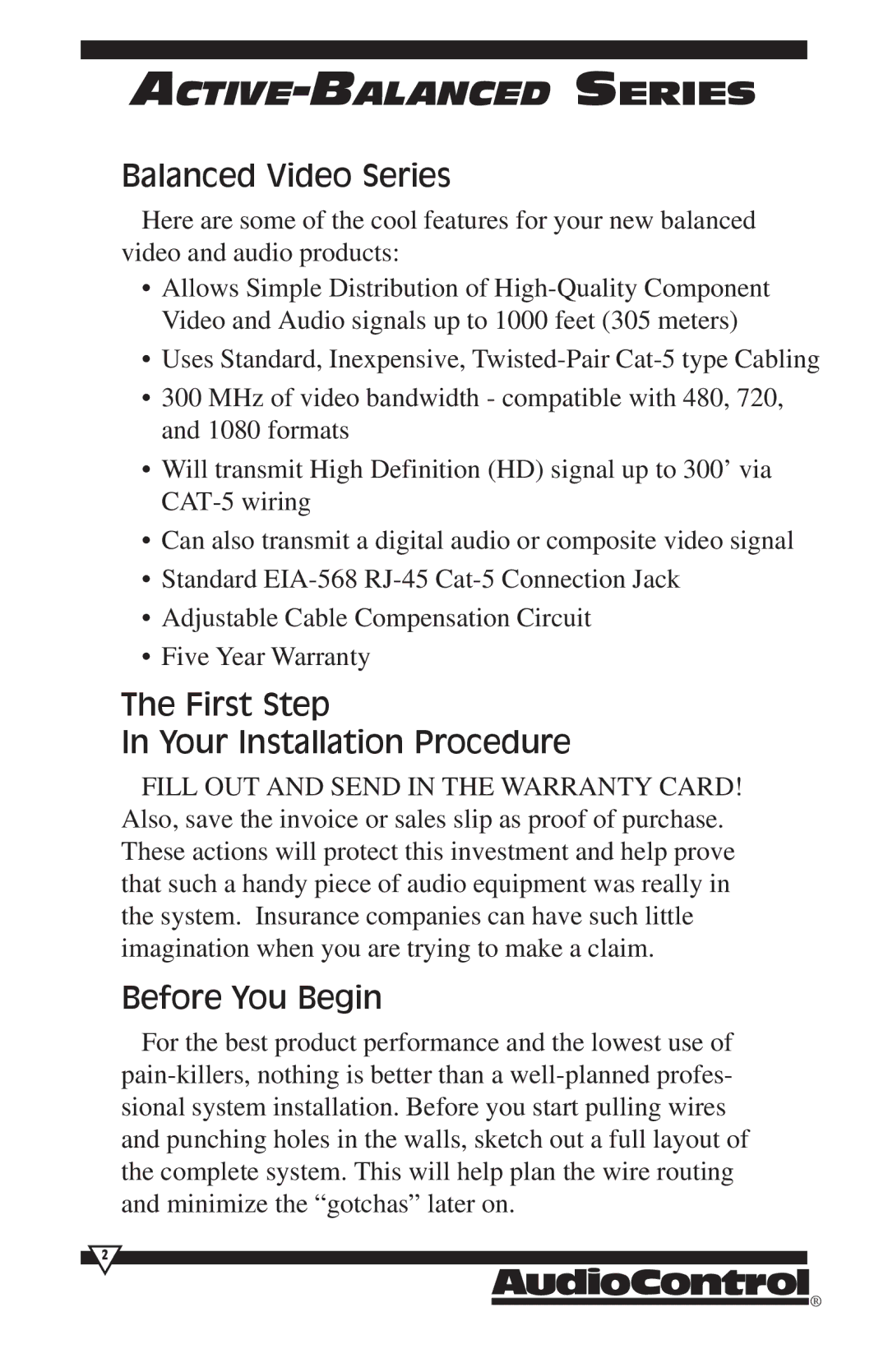 HomeTech BVR-20 operation manual Balanced Video Series, First Step Your Installation Procedure, Before You Begin 