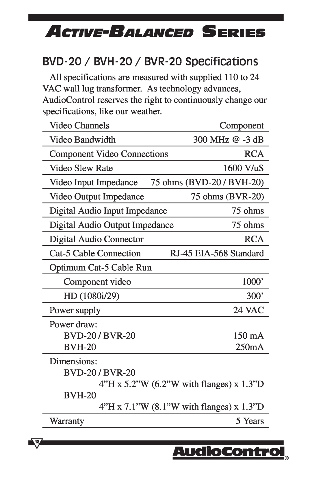 HomeTech operation manual BVD-20 / BVH-20 / BVR-20Specifications, Active-Balanced Series 