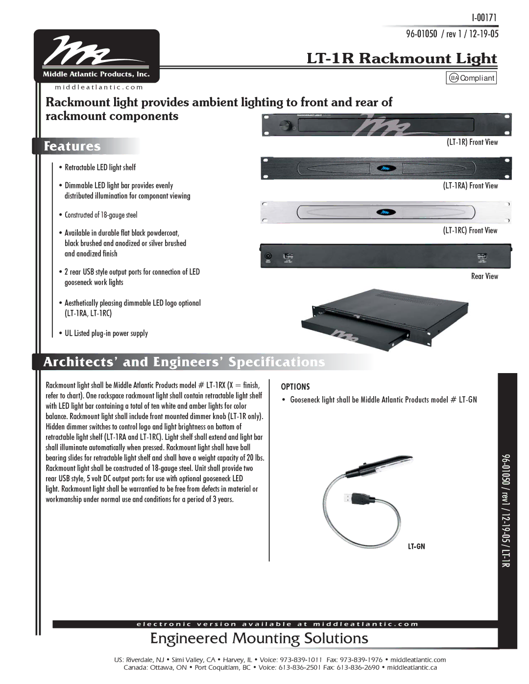 HomeTech LT1R specifications LT-1R Rackmount Light, Engineered Mounting Solutions, Features 