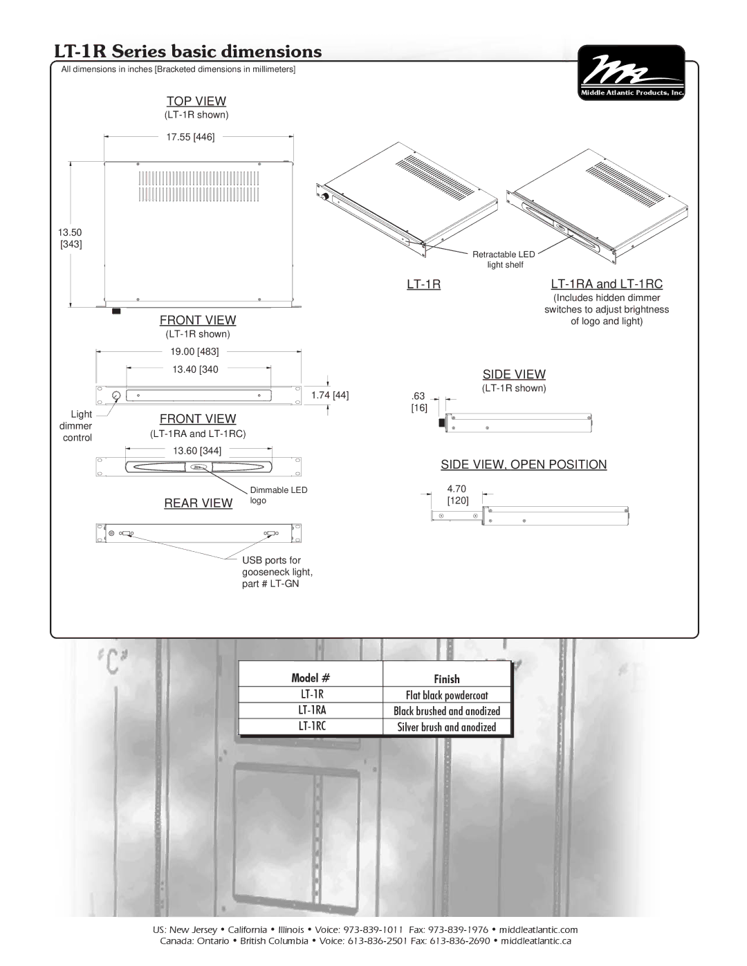 HomeTech LT1R specifications TOP View, Front View, Side View, Side VIEW, Open Position, LT-1RA, LT-1RC 