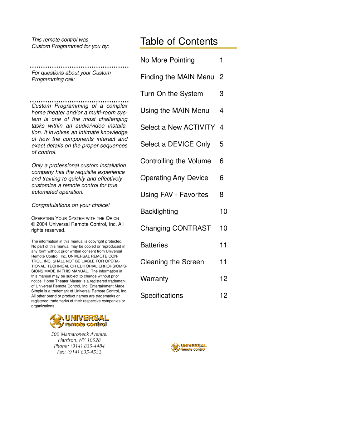 HomeTech MX-850 owner manual Table of Contents 