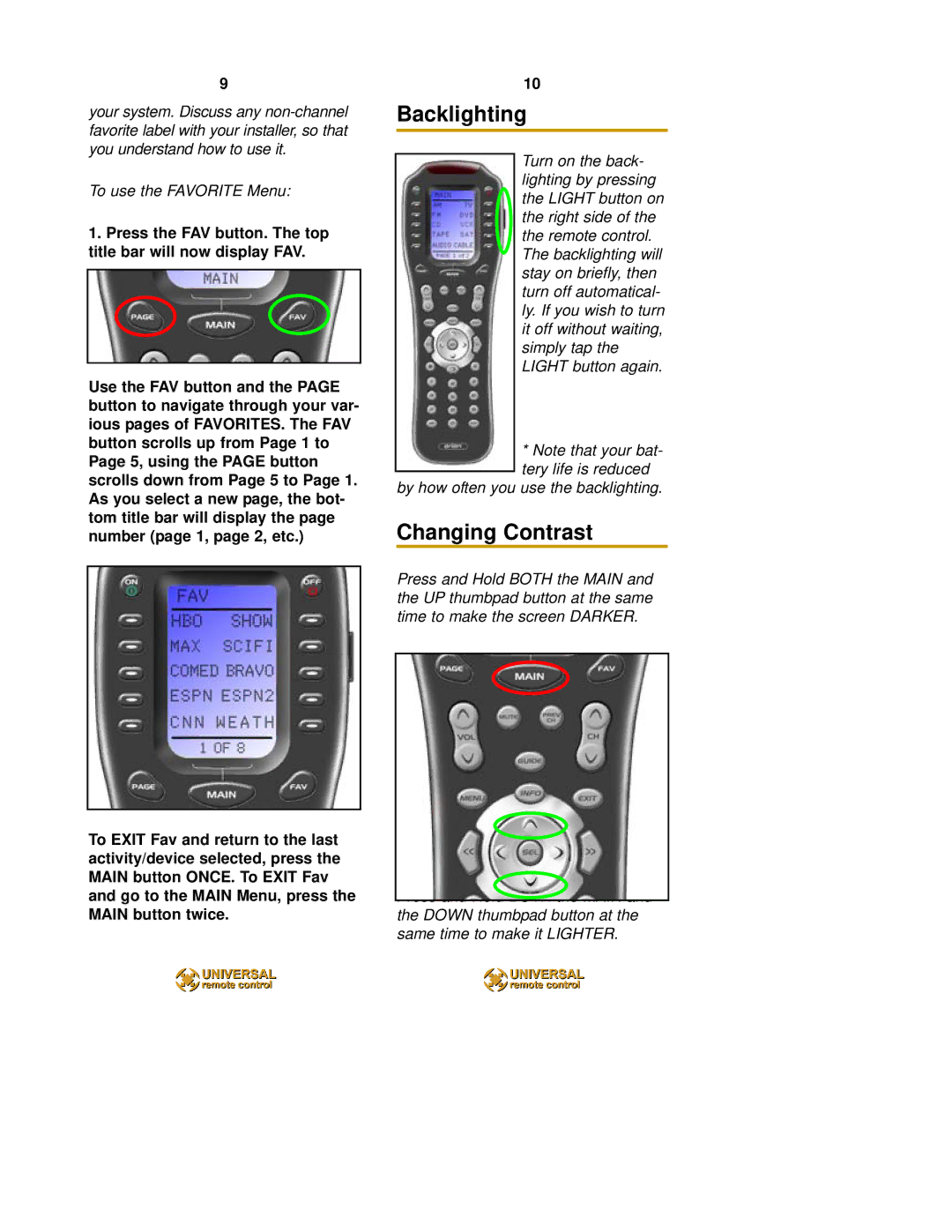 HomeTech MX-850 owner manual Backlighting, Changing Contrast 