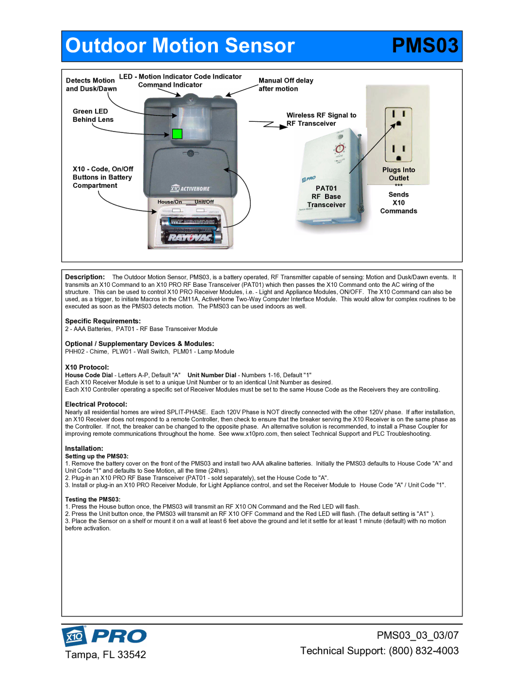 HomeTech PMS03 manual LED Motion Indicator Code Indicator Manual Off delay, Command Indicator After motion Green LED 