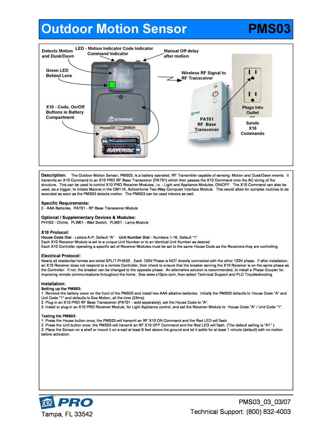 HomeTech manual Outdoor Motion Sensor, PMS03 03 03/07, Tampa, FL, Technical Support 