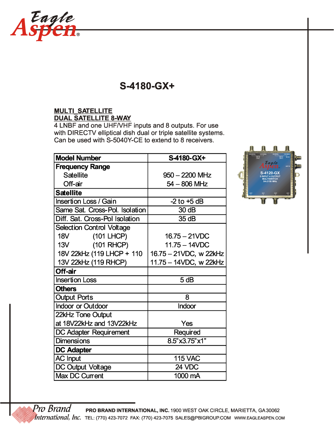 HomeTech S-4180-GX+ dimensions Eagle, Model Number, Frequency Range, Satellite, Off-air, Others, Aspen TM 