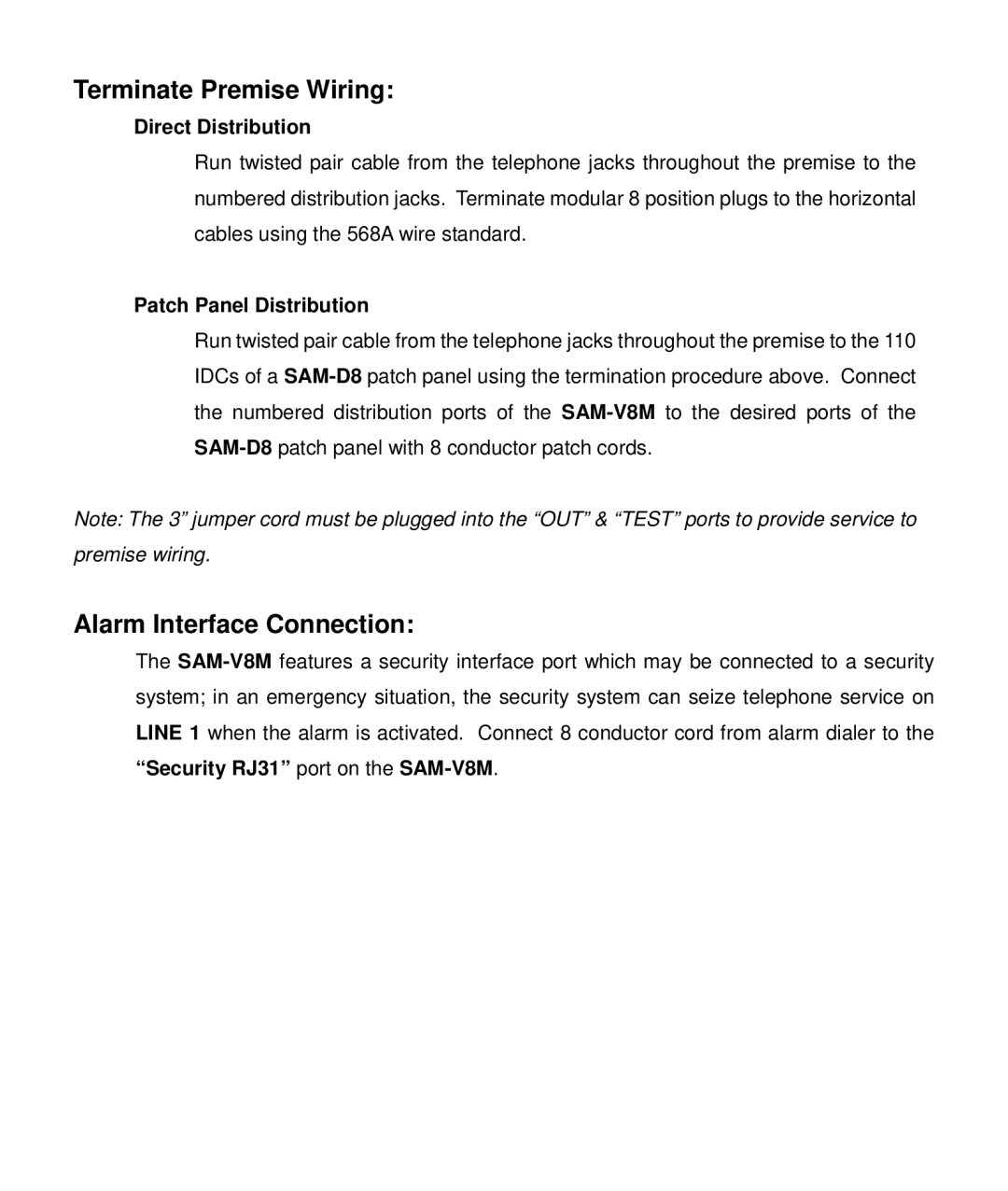 HomeTech SAM-V8M manual Terminate Premise Wiring, Alarm Interface Connection, Direct Distribution, Patch Panel Distribution 