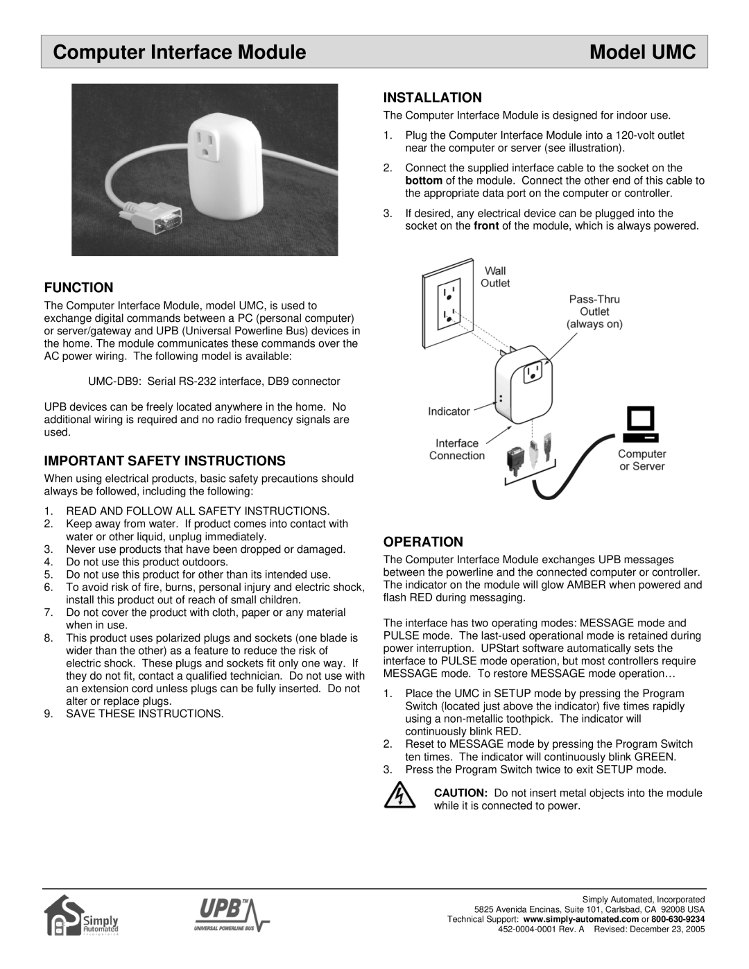 HomeTech important safety instructions Computer Interface Module Model UMC, Installation, Function, Operation 