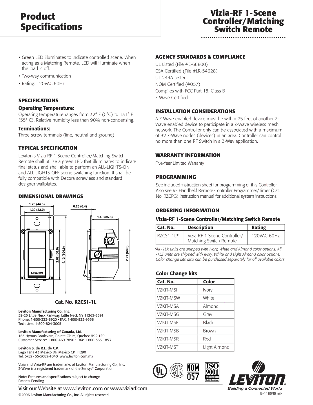 HomeTech specifications Product Specifications, Vizia-RF 1-Scene Controller/Matching Switch Remote 