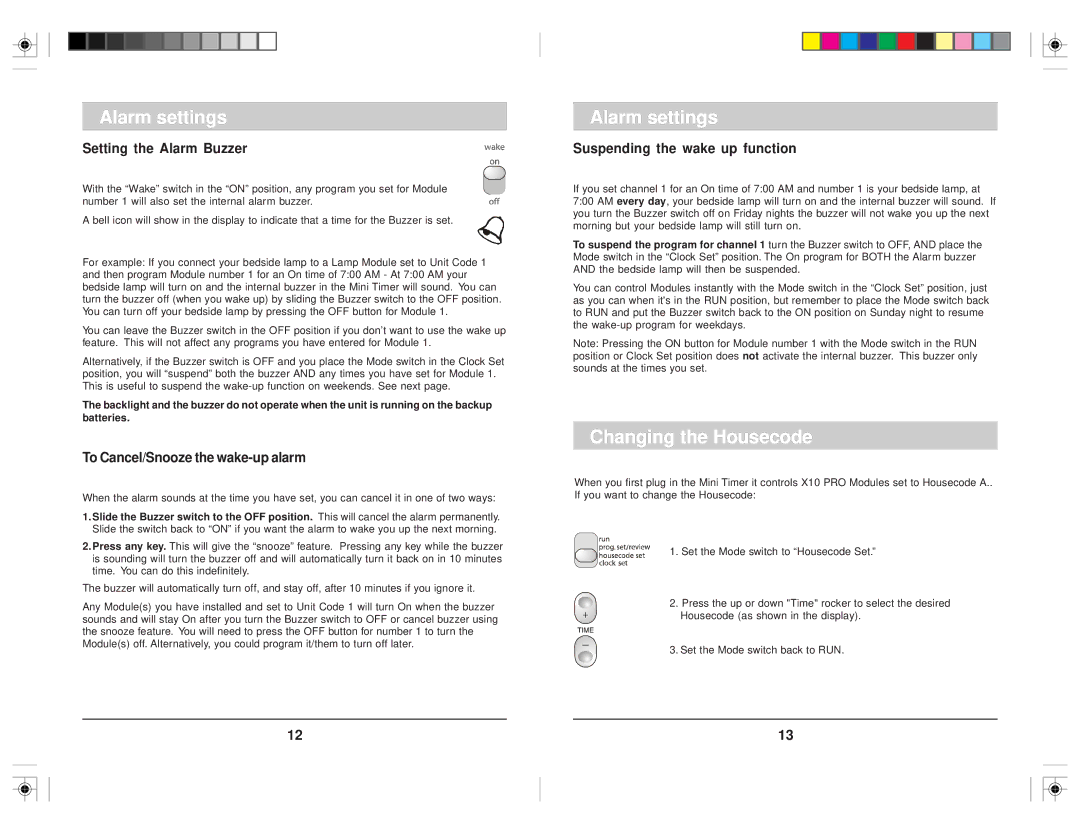 HomeTech XPMT1 Alarm settings, Changing the Housecode, Setting the Alarm Buzzer, To Cancel/Snooze the wake-up alarm 