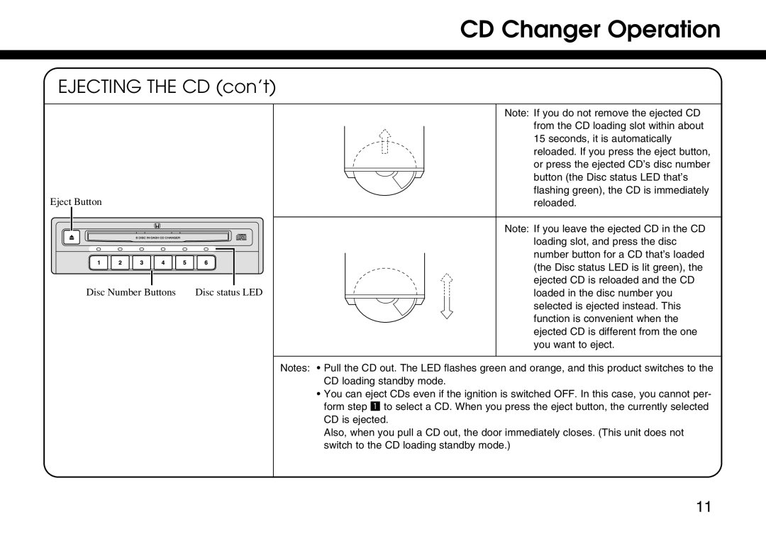 Honda Power Equipment 08A06-3E1-300 manual Ejecting the CD con’t 