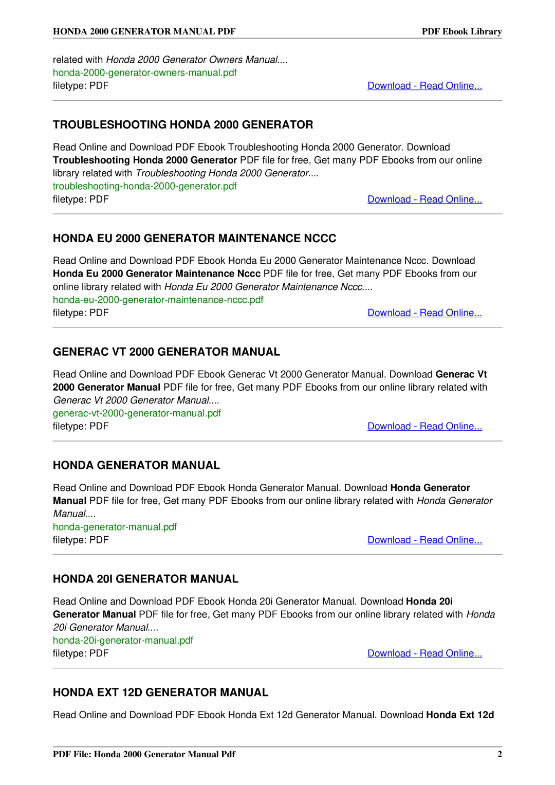 Honda Power Equipment owner manual Troubleshooting Honda 2000 Generator 