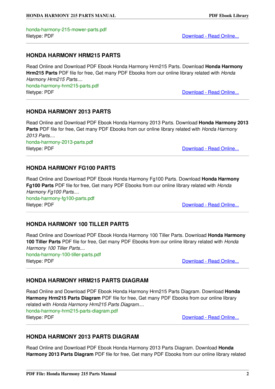 Honda Power Equipment manual Honda Harmony HRM215 Parts 