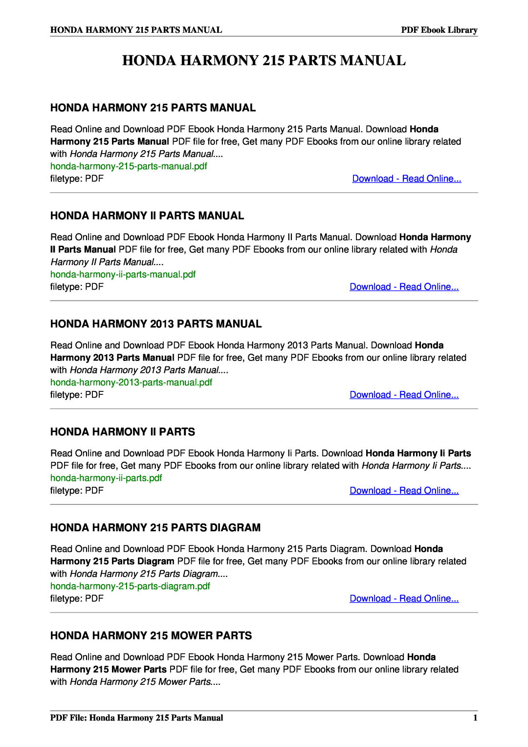 Honda Power Equipment manual HONDA HARMONY 215 PARTS MANUAL, Honda Harmony Ii Parts Manual 