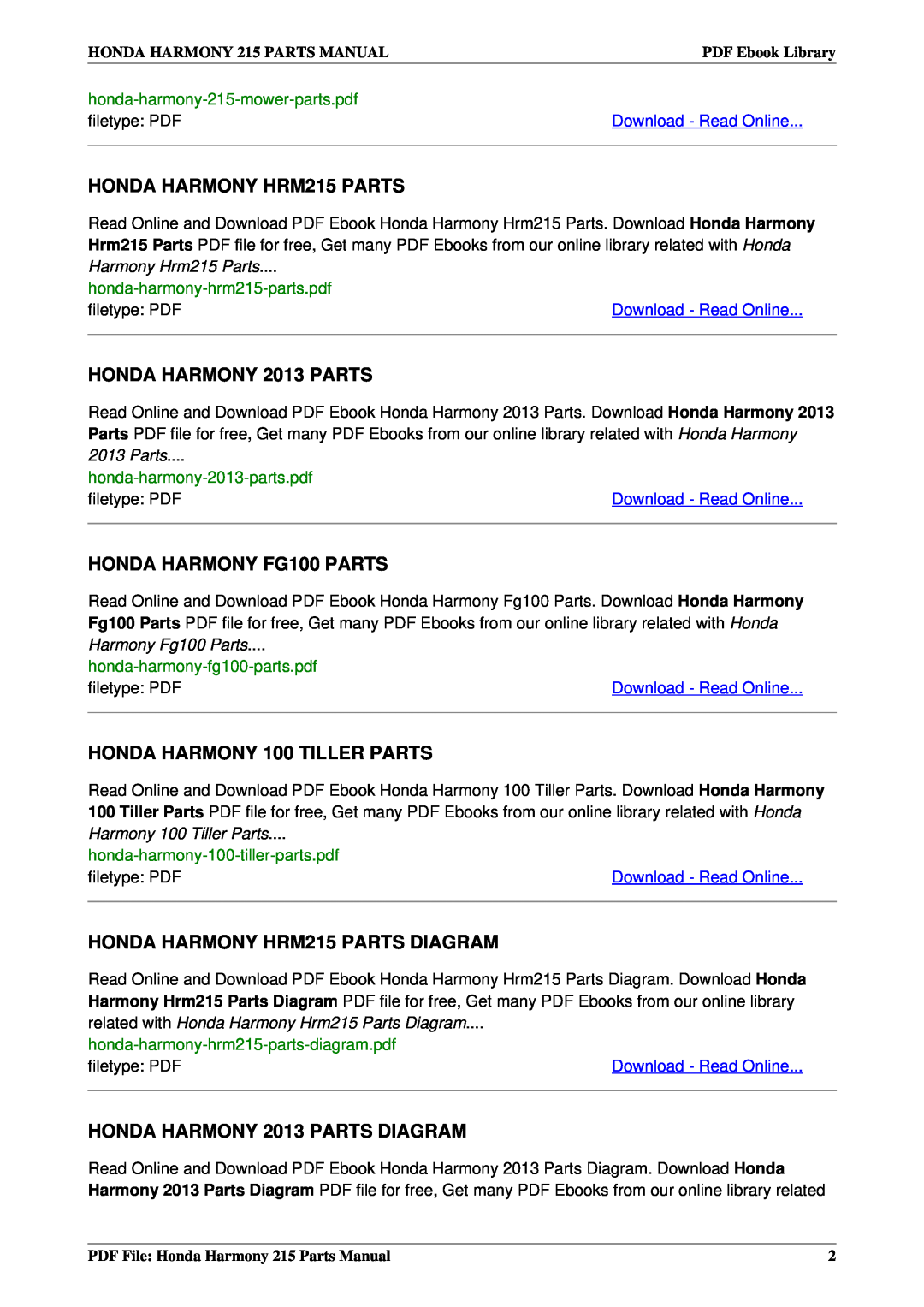 Honda Power Equipment manual HONDA HARMONY HRM215 PARTS, HONDA HARMONY 2013 PARTS, HONDA HARMONY FG100 PARTS, Parts 