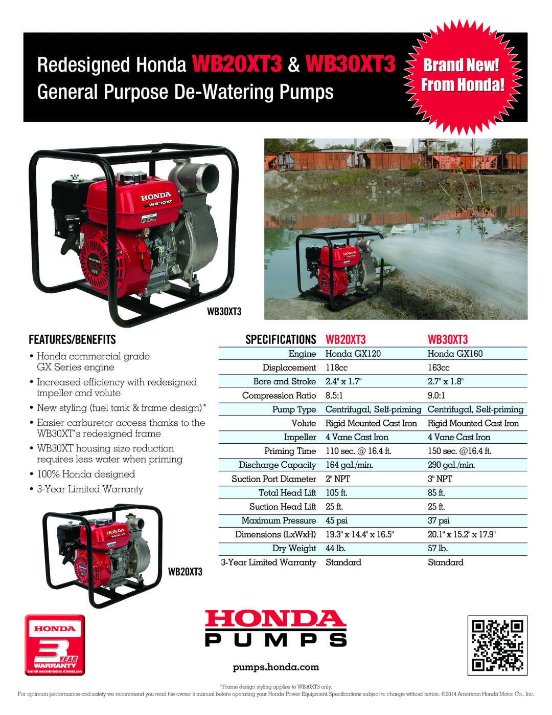 Honda Power Equipment 660200 specifications Redesigned Honda WB20XT3 & WB30XT3 General Purpose De-Watering Pumps 