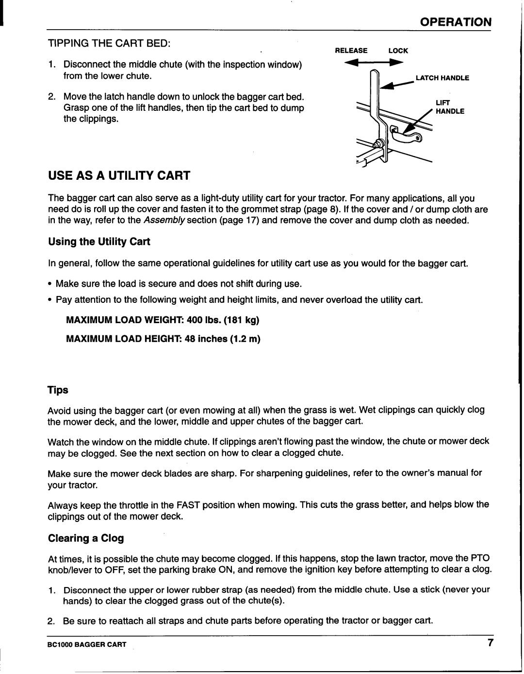 Honda Power Equipment BC100 manual USE AS a Utility Cart, Using the Utility Cart 