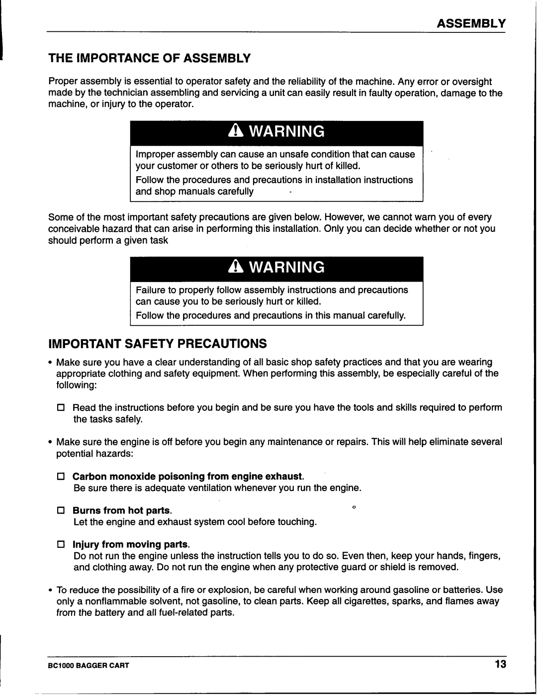 Honda Power Equipment BC100 manual Assembly Importance of Assembly, Important Safety Precautions 