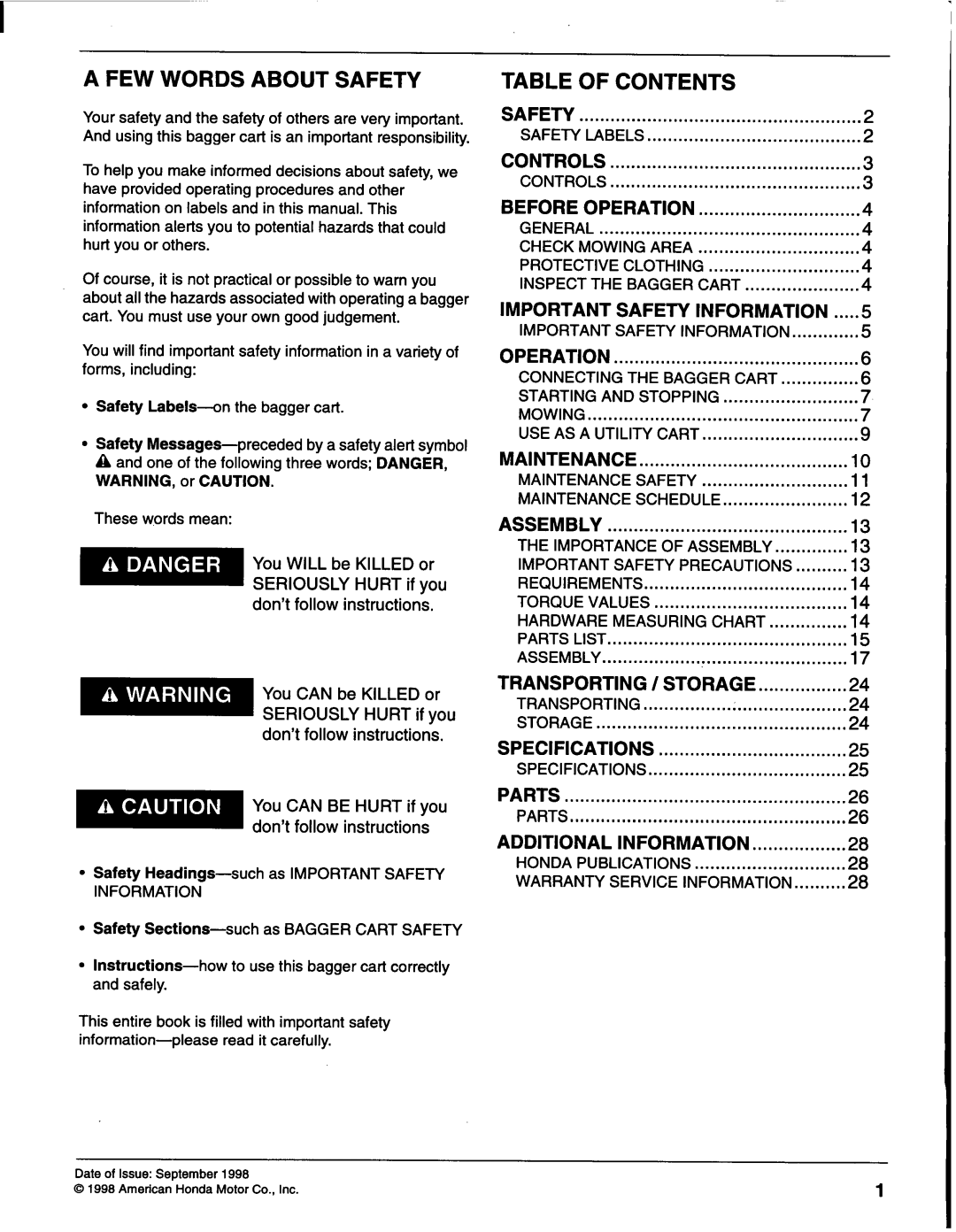 Honda Power Equipment BC100 manual FEW Words about Safety, Contents 