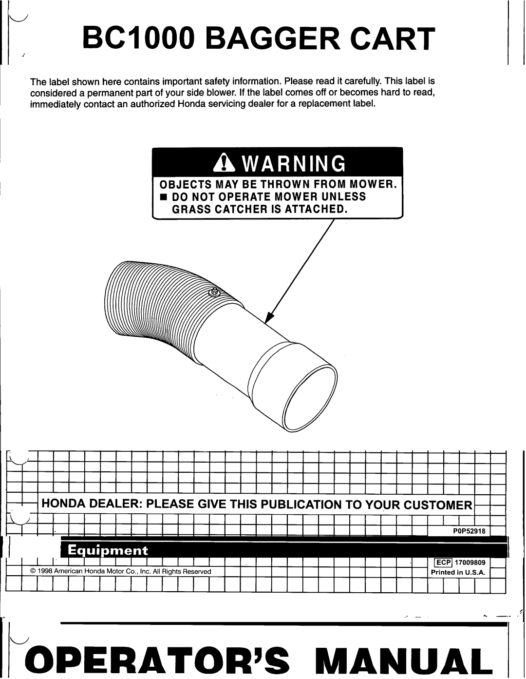 Honda Power Equipment BC100 manual Safety Safety Labels 