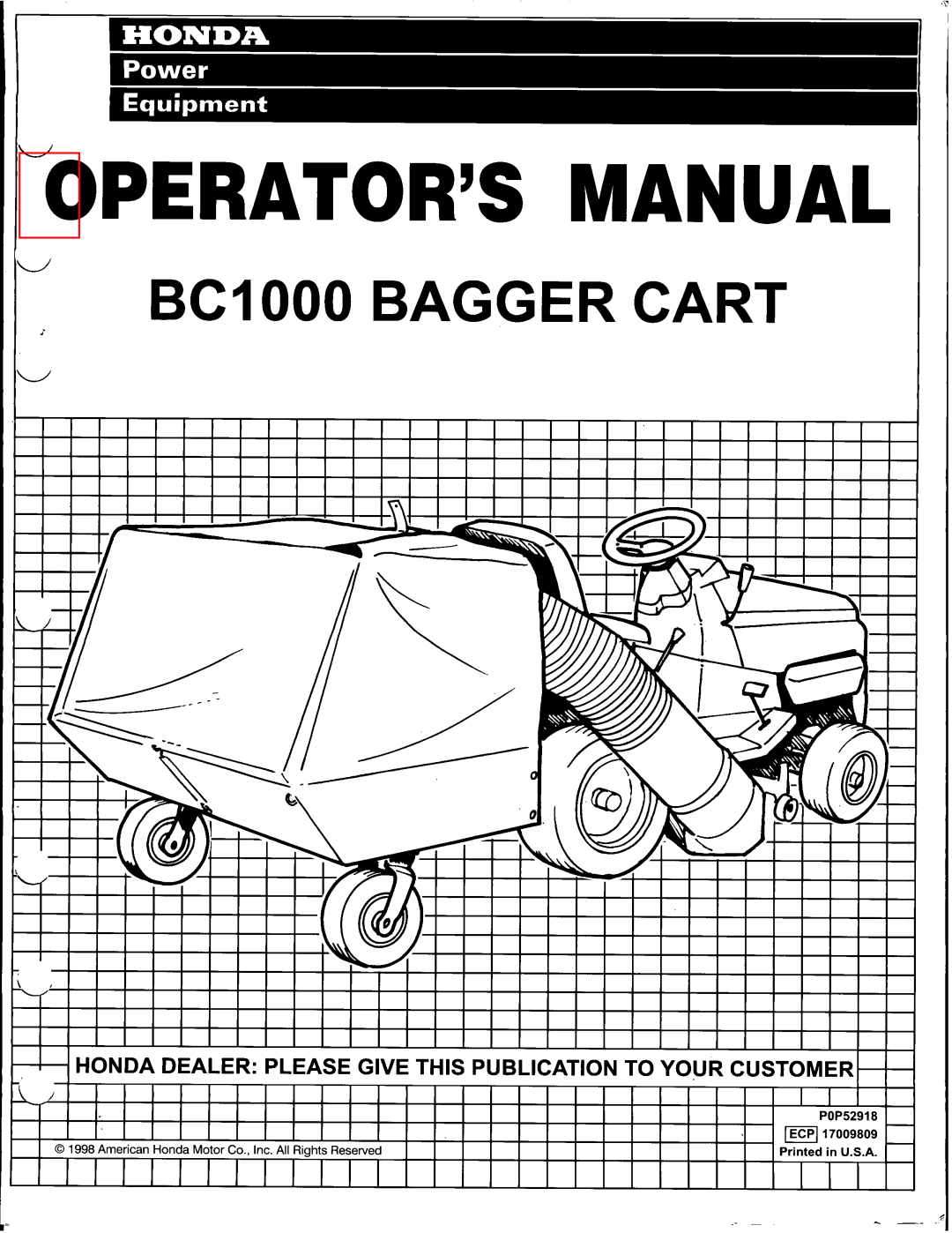 Honda Power Equipment BC100 manual Operator’S Manual, Bciooo Bagger Cart, I I I I I I I Iii Ii I Ii 
