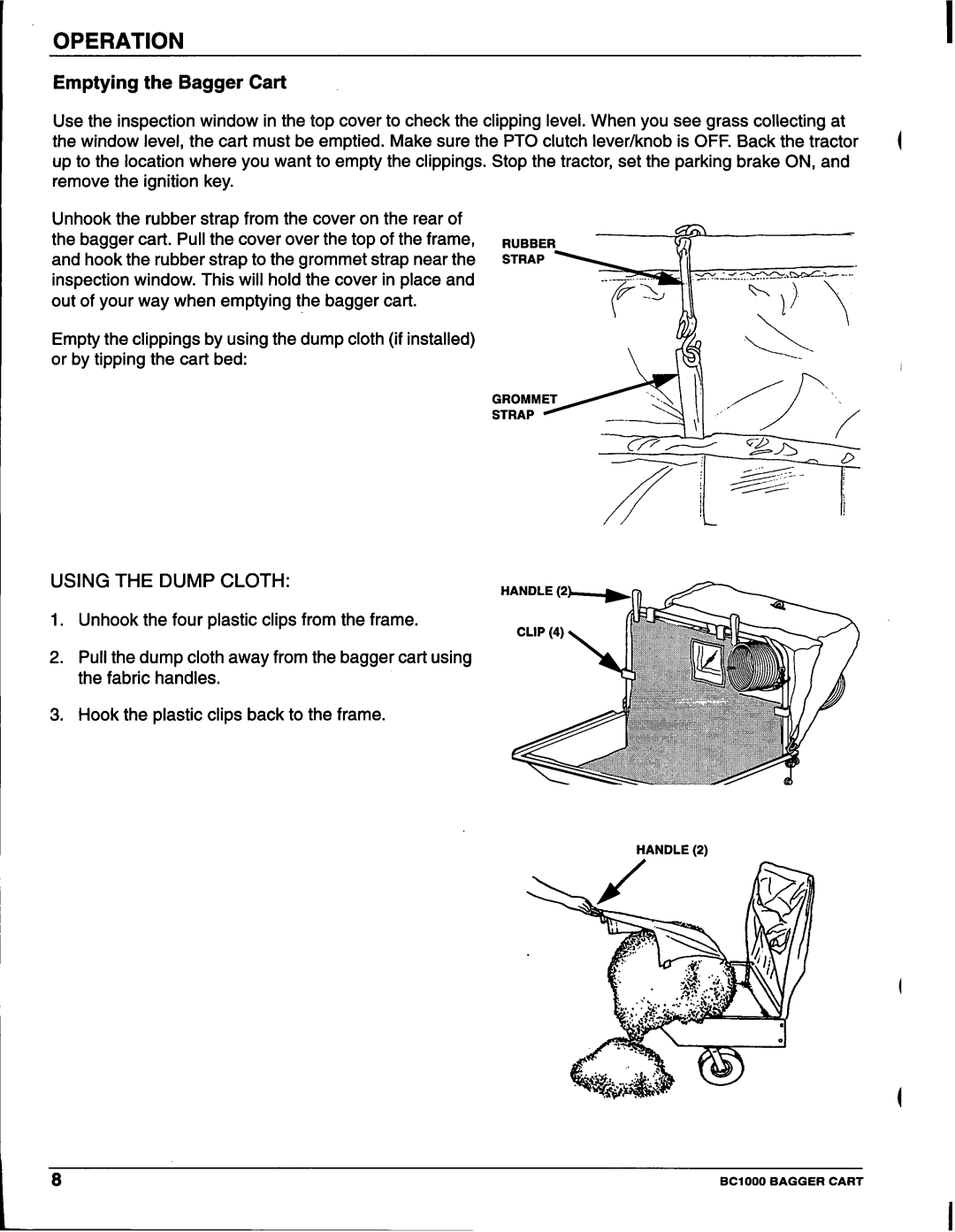 Honda Power Equipment BC100 manual Operation, Emptying the Bagger Cart, Using The Dump Cloth 