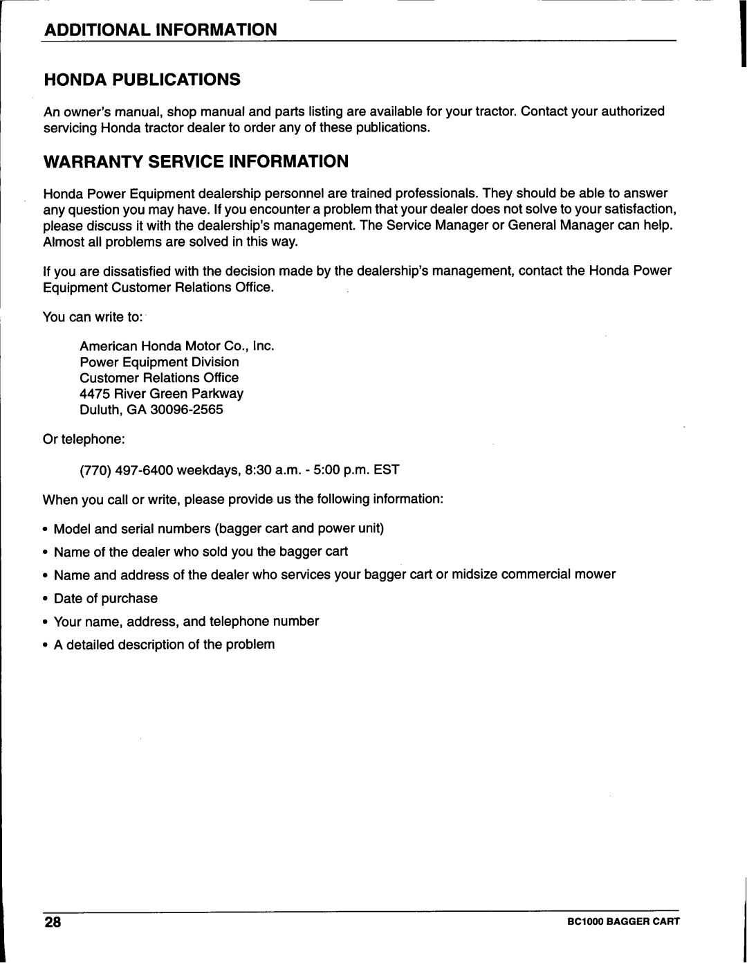 Honda Power Equipment BC100 manual Additional Information Honda Publications, Warranty Service Information 