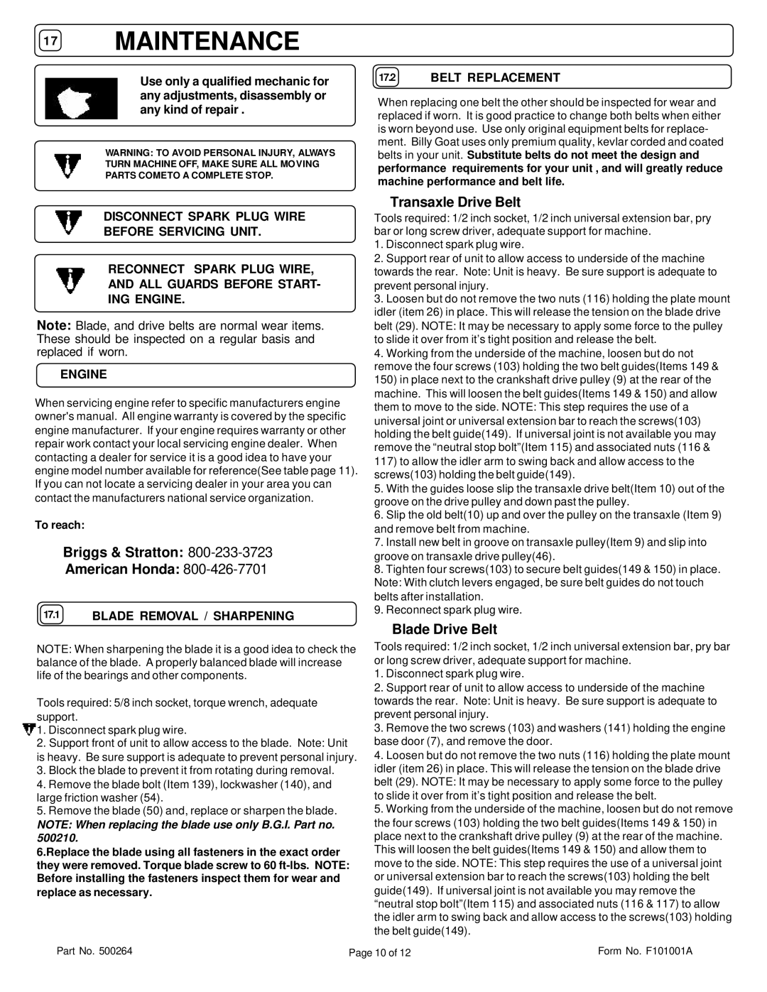 Honda Power Equipment BC2401IC, BC2401HE, HRR216VKA owner manual Blade Removal / Sharpening, Belt Replacement 