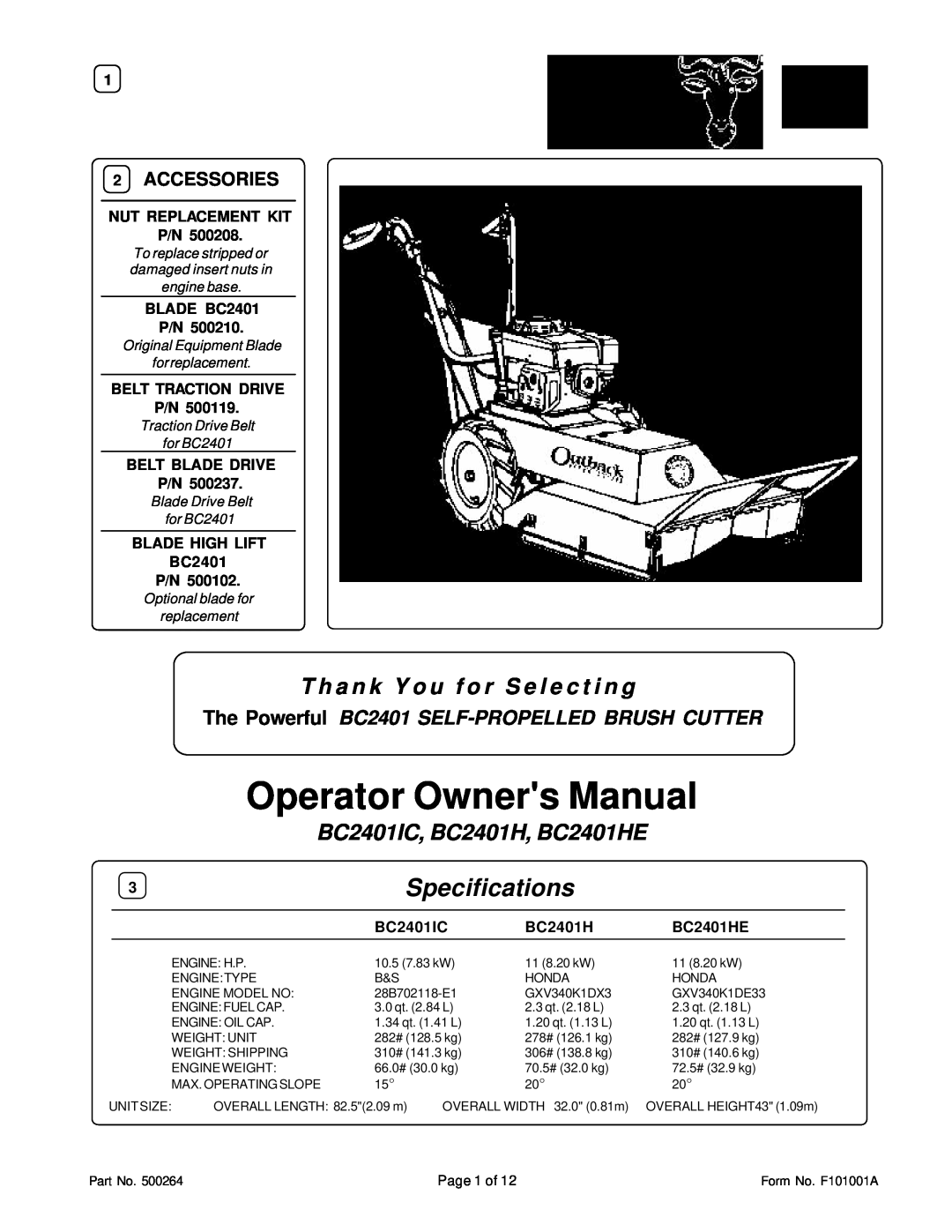 Honda Power Equipment owner manual BC2401IC, BC2401H, BC2401HE, Accessories, Nut Replacement Kit P/N, BLADE BC2401 P/N 