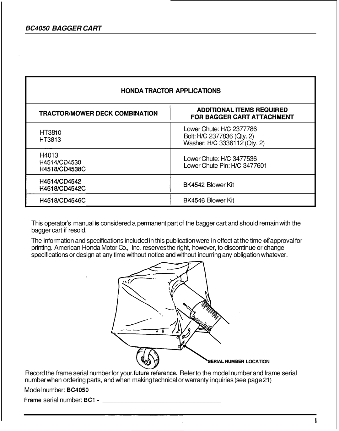 Honda Power Equipment manual BC4050 Bagger Cart 