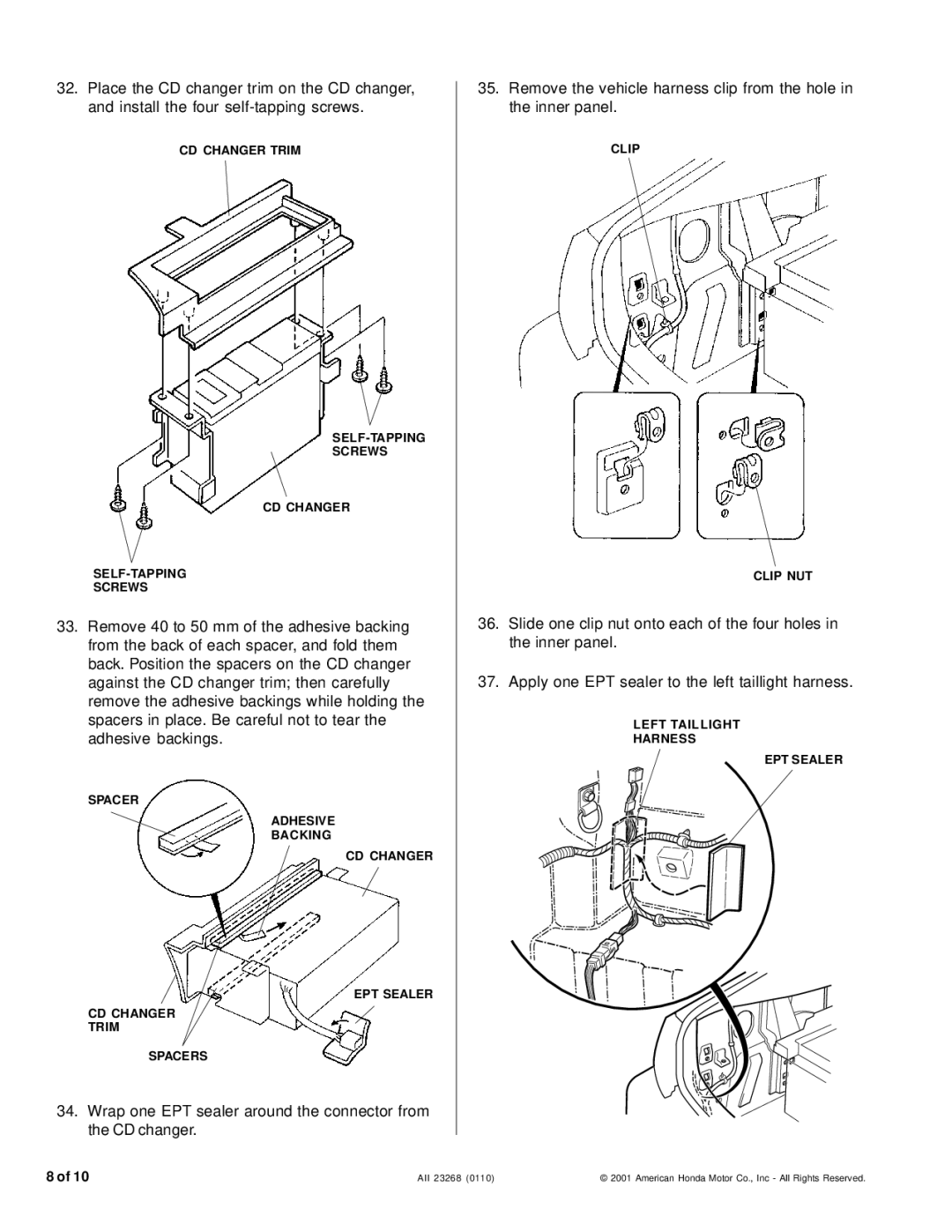 Honda Power Equipment installation instructions CD Changer Trim SELF-TAPPING Screws 