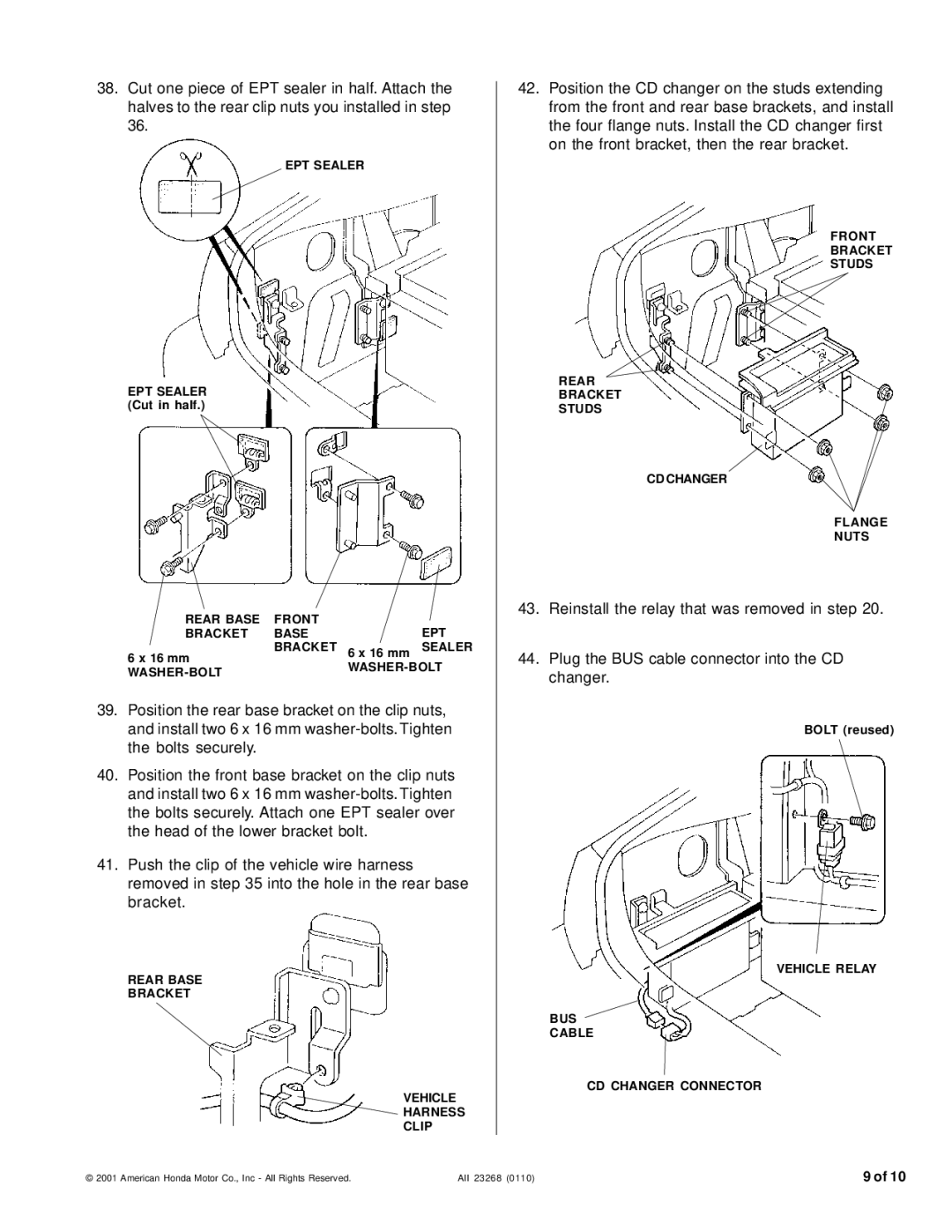 Honda Power Equipment CD Changer installation instructions Rear Base Front EPT Bracket 