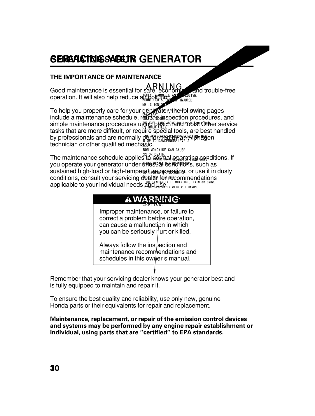 Honda Power Equipment DCX3000 manual Servicing Your Generator, Importance of Maintenance 