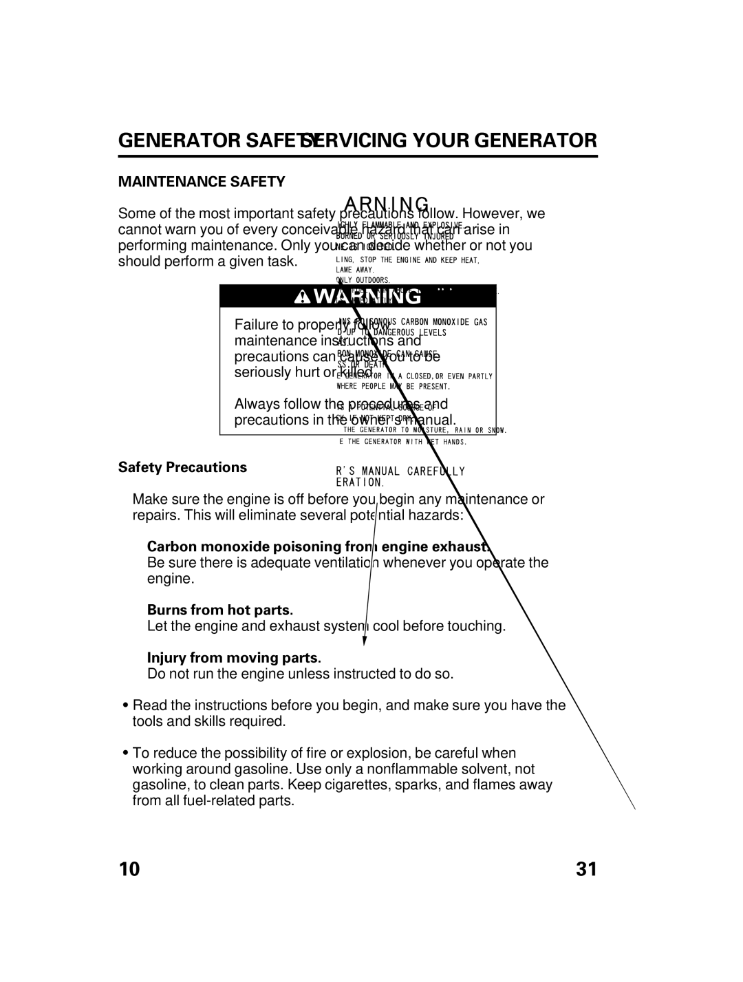 Honda Power Equipment DCX3000 manual Servicing Your Generator, Maintenance Safety 