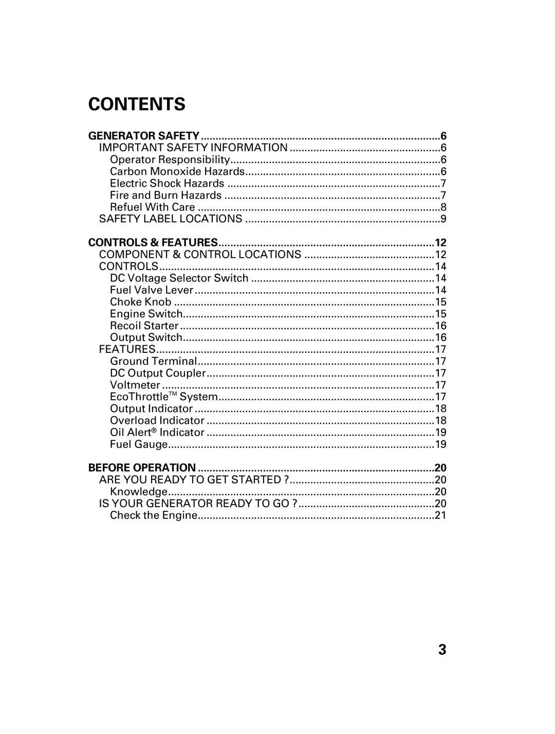 Honda Power Equipment DCX3000 manual Contents 