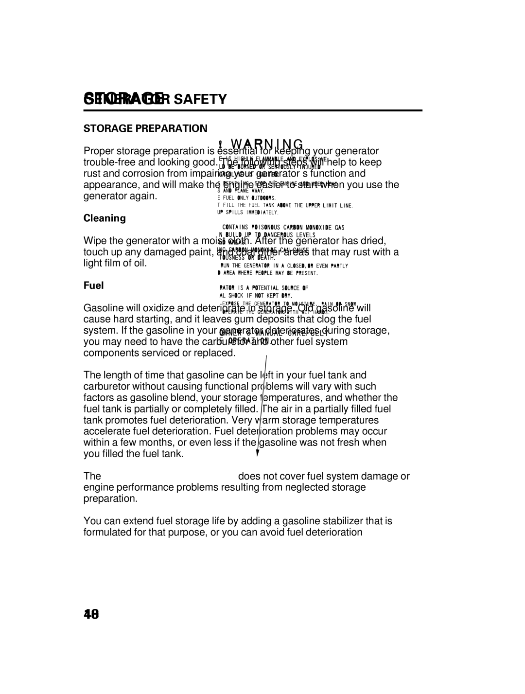 Honda Power Equipment DCX3000 manual Storage Preparation, Cleaning, Fuel 