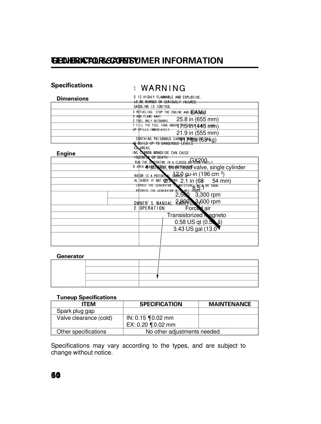 Honda Power Equipment DCX3000 manual Specifications, Dimensions 