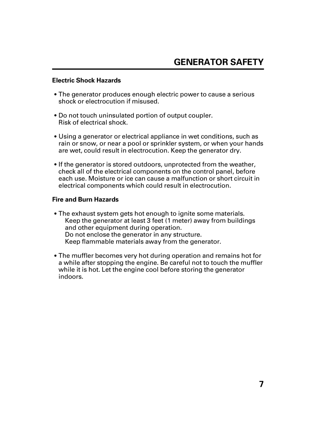 Honda Power Equipment DCX3000 manual Generator Safety, Electric Shock Hazards, Fire and Burn Hazards 