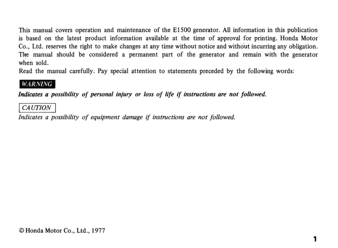 Honda Power Equipment E1500 manual 