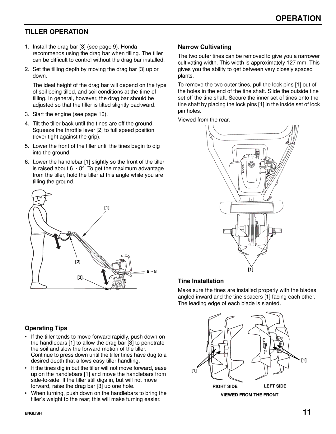 Honda Power Equipment Honda Mini-Tiller, FG110 specifications Tiller Operation, Tine Installation, Operating Tips 