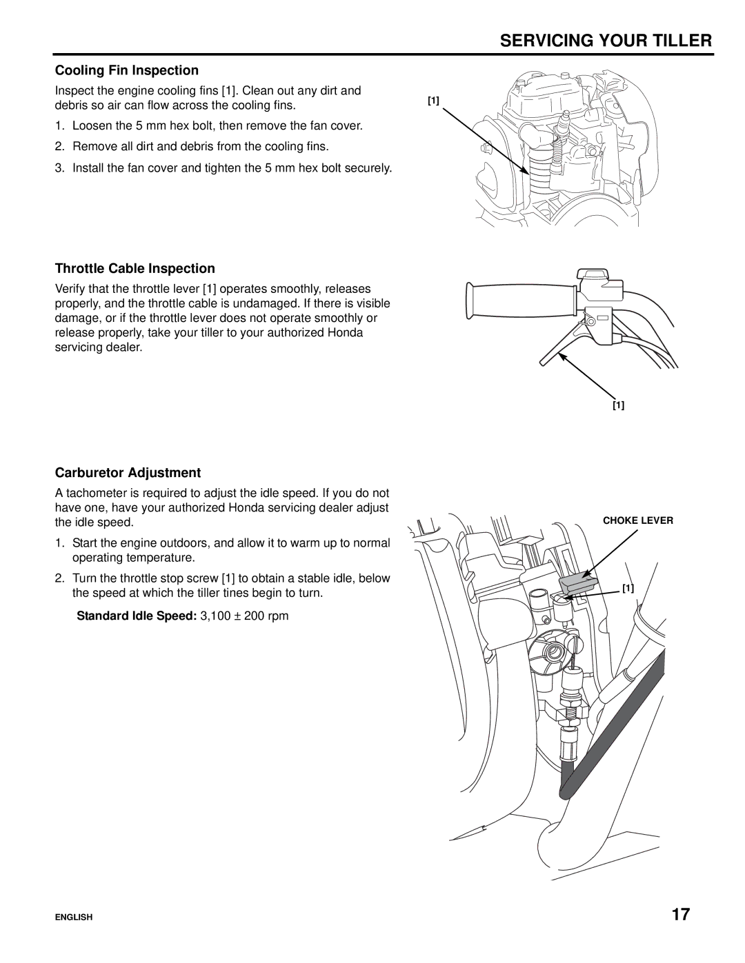 Honda Power Equipment Honda Mini-Tiller, FG110 Cooling Fin Inspection, Throttle Cable Inspection, Carburetor Adjustment 