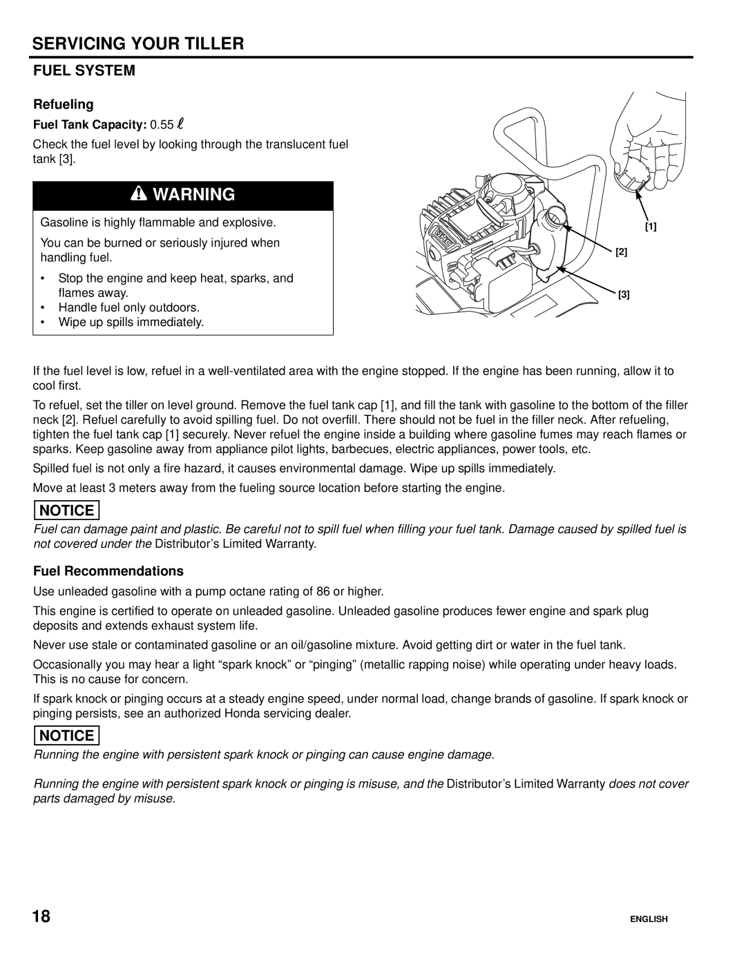 Honda Power Equipment FG110, Honda Mini-Tiller specifications Fuel System, Refueling, Fuel Recommendations 