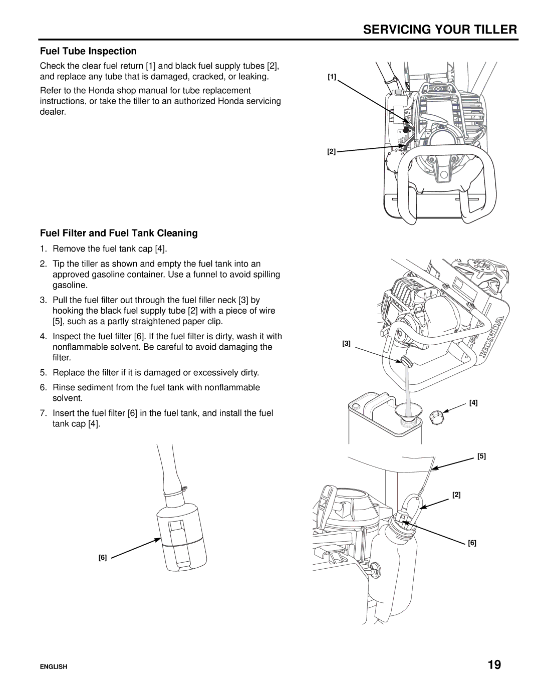 Honda Power Equipment Honda Mini-Tiller, FG110 specifications Fuel Tube Inspection, Fuel Filter and Fuel Tank Cleaning 