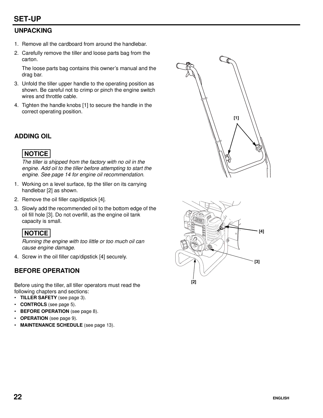 Honda Power Equipment FG110, Honda Mini-Tiller specifications Set-Up, Unpacking, Adding OIL, Before Operation 