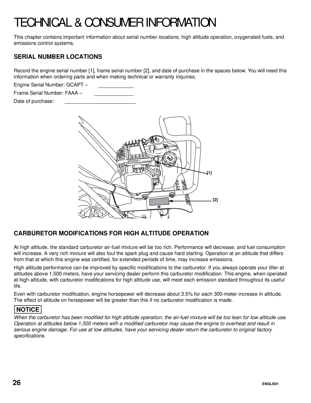 Honda Power Equipment FG110, Honda Mini-Tiller specifications Technical & Consumer Information, Serial Number Locations 