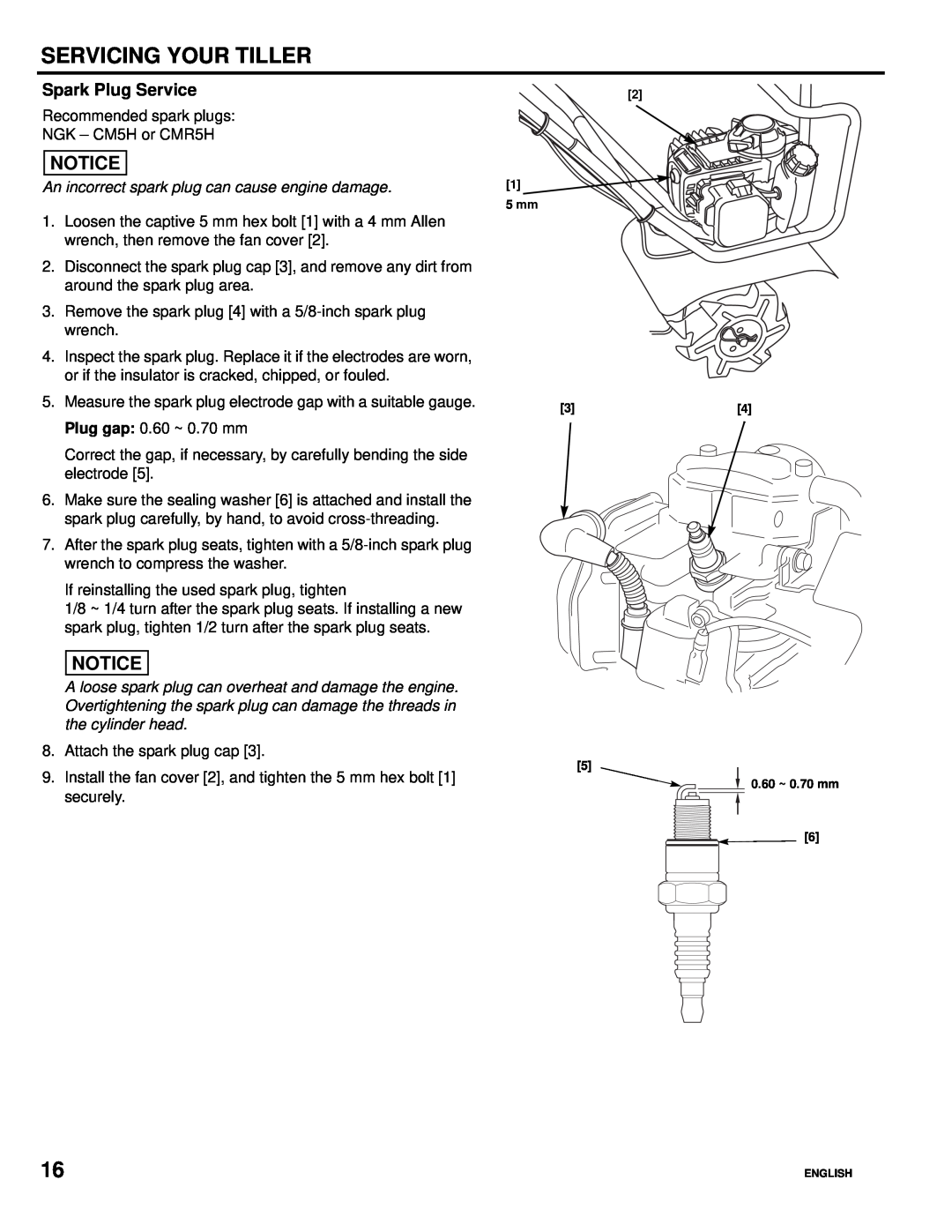 Honda Power Equipment FG110, Honda Mini-Tiller specifications Spark Plug Service, Servicing Your Tiller 