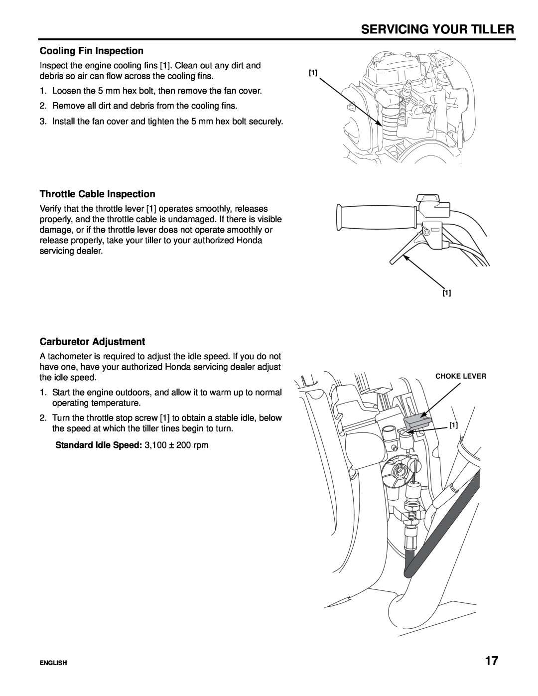 Honda Power Equipment Honda Mini-Tiller, FG110 Cooling Fin Inspection, Throttle Cable Inspection, Carburetor Adjustment 
