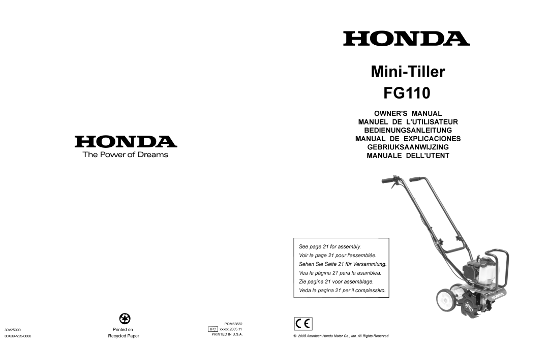 Honda Power Equipment specifications Mini-Tiller FG110, Manual De Explicaciones Gebriuksaanwijzing Manuale Dellutent 